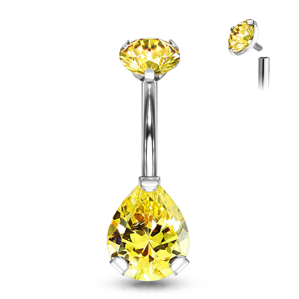 A beautiful titanium belly banana with an internally threaded prong-set top gem, and a gorgeous teardrop shape bottom gem, shown with vitrail gems. 14 Gauge X 10mm X 5&9mm.