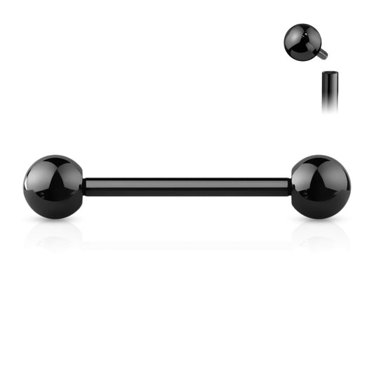 Titanium barbell, colourline PVD plating over implant grade titanium. These internally threaded barbells are great for many piercings, such as tongue or nipple piercings. Available in various sizes and colours, shown in black.  Ti-6AL4V-ELi ASTM F-136 TITANIUM
