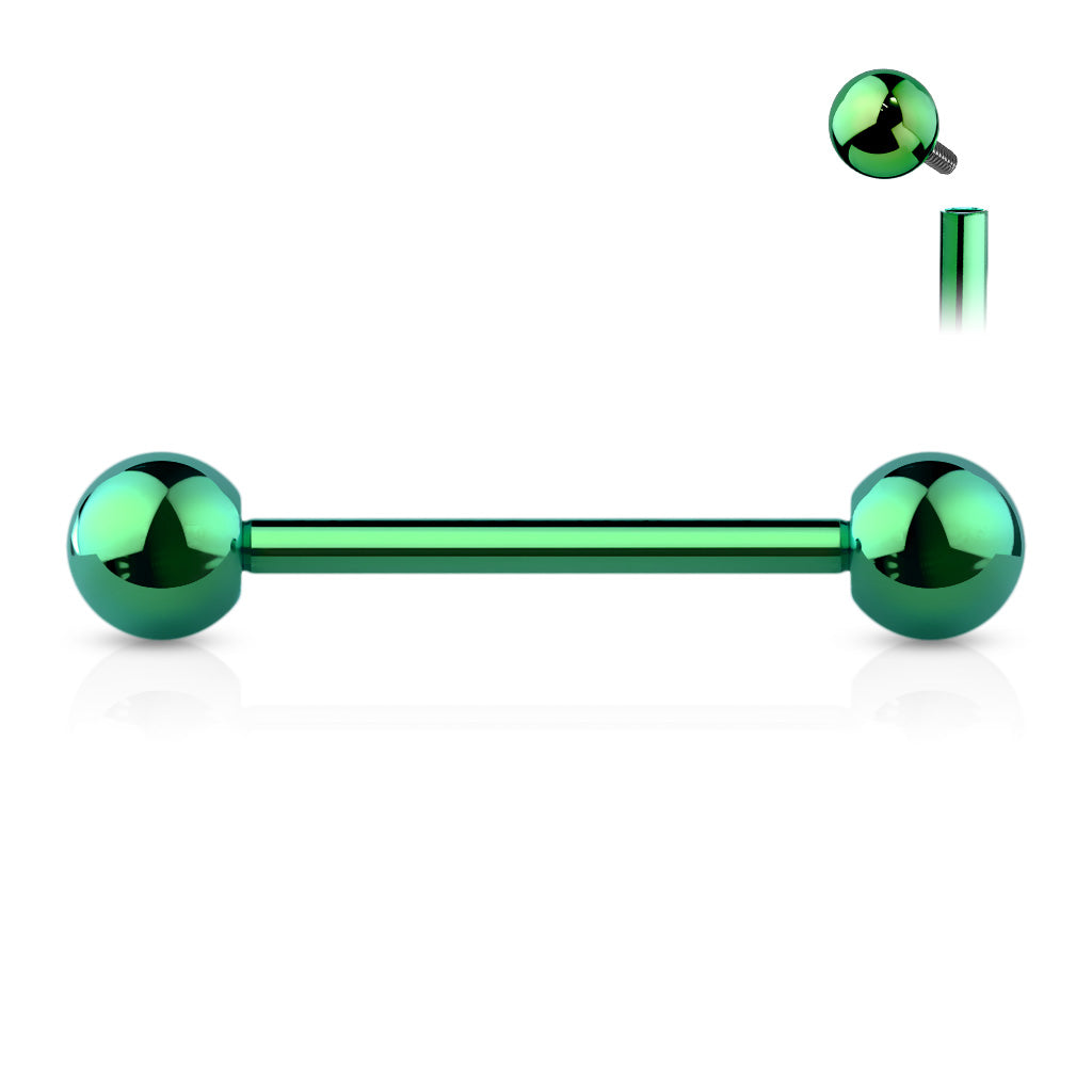 Titanium barbell, colourline PVD plating over implant grade titanium. These internally threaded barbells are great for many piercings, such as tongue or nipple piercings. Available in various sizes and colours, shown in green. Ti-6AL4V-ELi ASTM F-136 TITANIUM