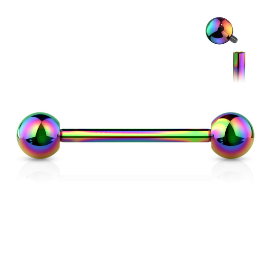 Titanium barbell, colourline PVD plating over implant grade titanium. These internally threaded barbells are great for many piercings, such as tongue or nipple piercings. Available in various sizes and colours, shown in rainbow.  Ti-6AL4V-ELi ASTM F-136 TITANIUM