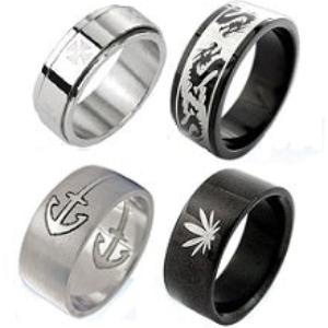 Stainless steel rings for men featuring assorted designs like nautical anchors, dragons, and cannabis leaves.