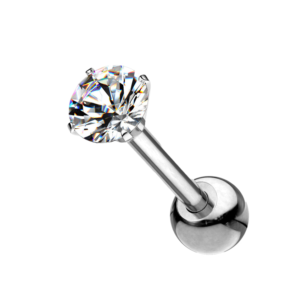 Implant grade titanium barbells with internally threaded prong-set gem on one end and a plain ball on the other end. These short barbells are perfect for bridge, helix or other cartilage piercings. 16 Gauge X 8mm X 3mm. Ti-6AL4V-ELi ASTM F-136 TITANIUM