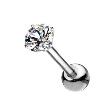 A surgical steel or titanium barbell piercings featuring a prong-set clear cubic zirconia gem
