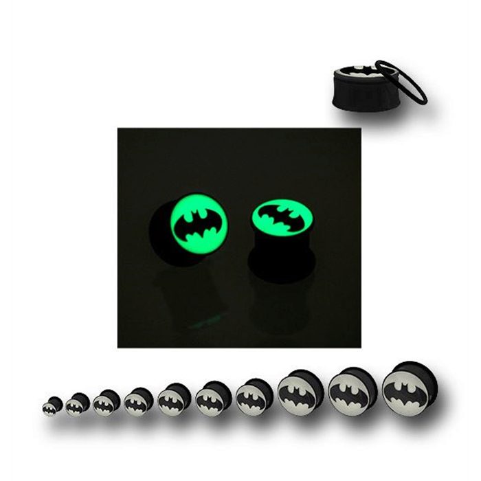 Batman-themed acrylic screw-fit plugs featuring a glow-in-the-dark logo.
