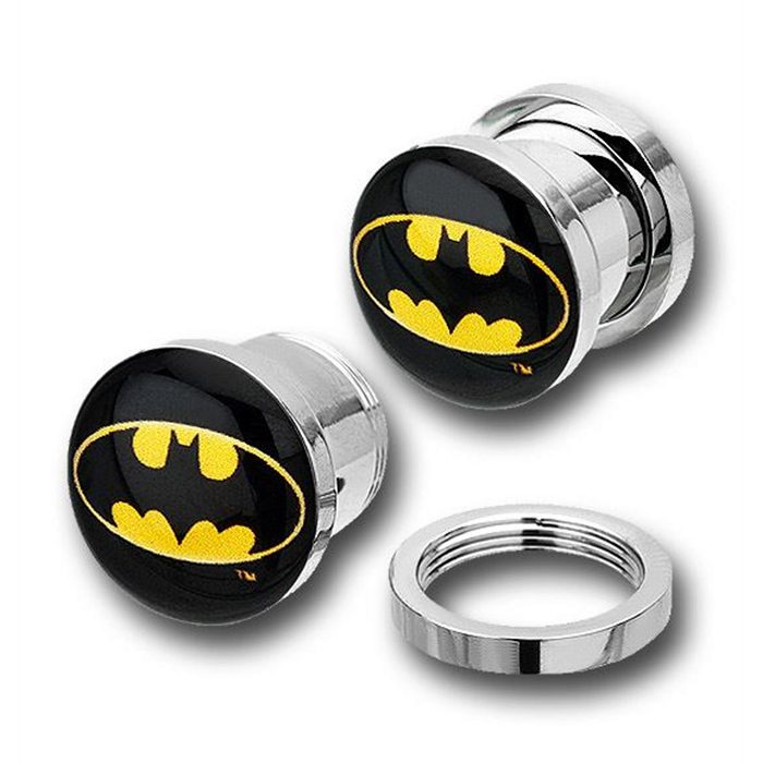 316L surgical stainless steel screw-fit ear plugs featuring the iconic DC Comics Batman logo.