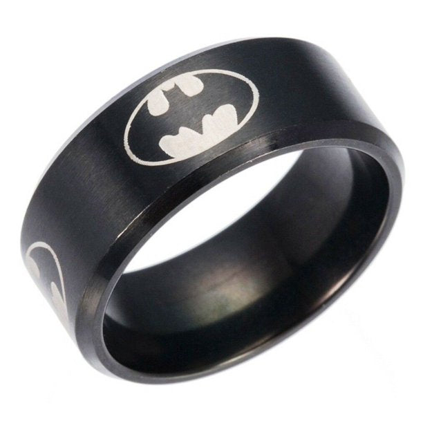 Black stainless steel band ring with a Batman logo.