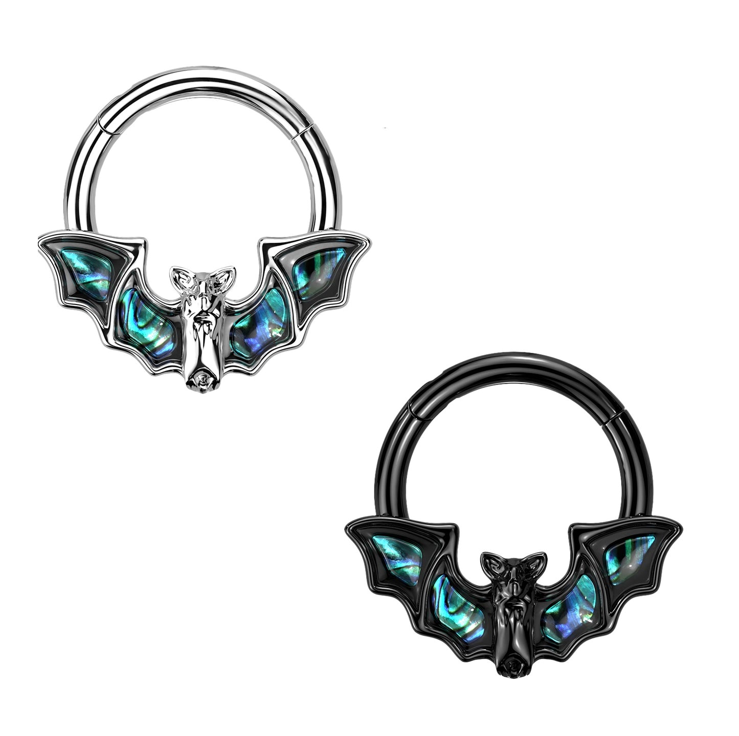 Hinged segment ring with abalone shell bat design. Shown in Black and Surgical Steel. This segment ring is great for septum, daith, or other cartilage piercings.  16 gauge X 8mm. Segment ring is surgical steel, bat adornment is plated brass.