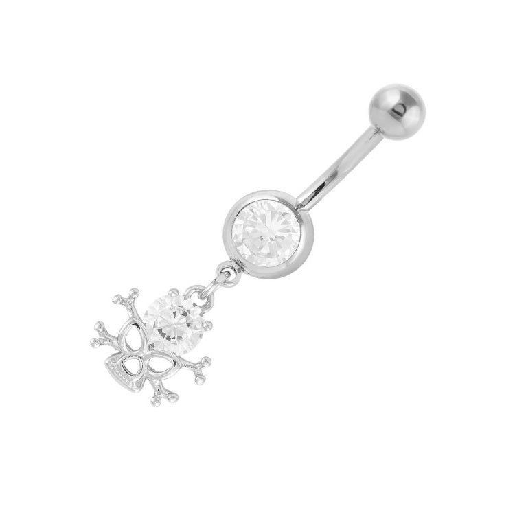 cubic zirconia and surgical steel navel piercing rings featuring crystal skull dangles