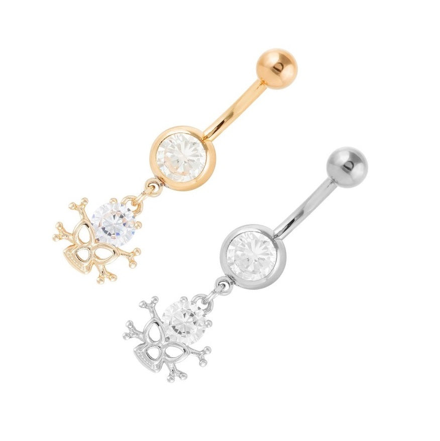 cubic zirconia and surgical steel navel piercing rings featuring crystal skull dangles