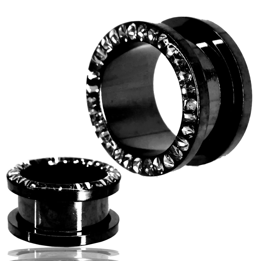 Black stainless steel tunnel gauges featuring a rim lined with clear cubic zirconia crystals and a screw-fit design