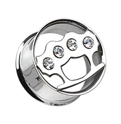 A stainless steel cut jewelled brass knuckle tunnels with multiple clear stones.