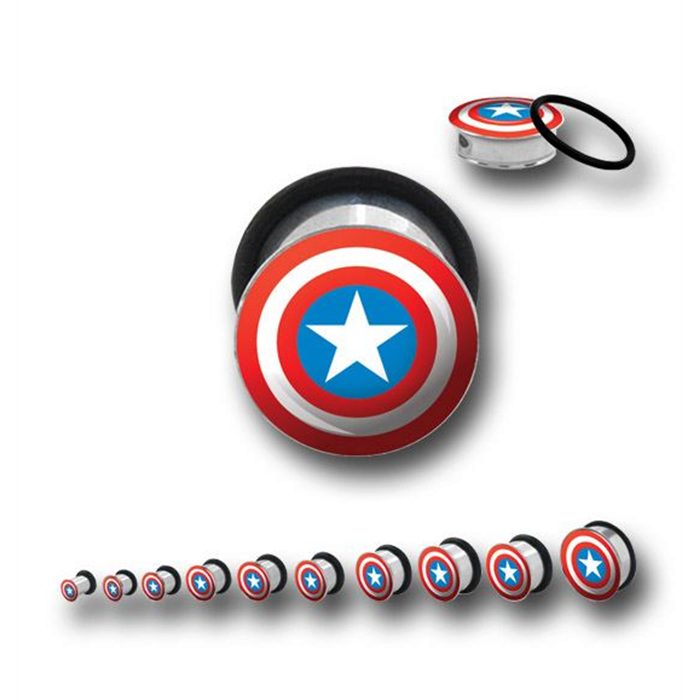 Captain America-themed single flare ear plugs for gauged piercings.