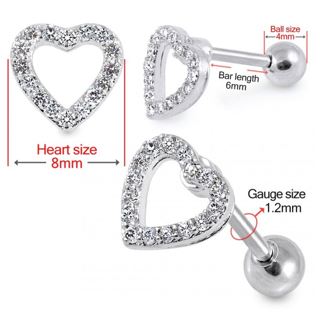 316L Surgical steel cartilage jewellery with jewelled heart. This is a great piece for tragus, helix and conch. Externally Threaded. Heart size 8mm. Bar length 6mm. Bar gauge 1.2mm. Ball size 4mm. 