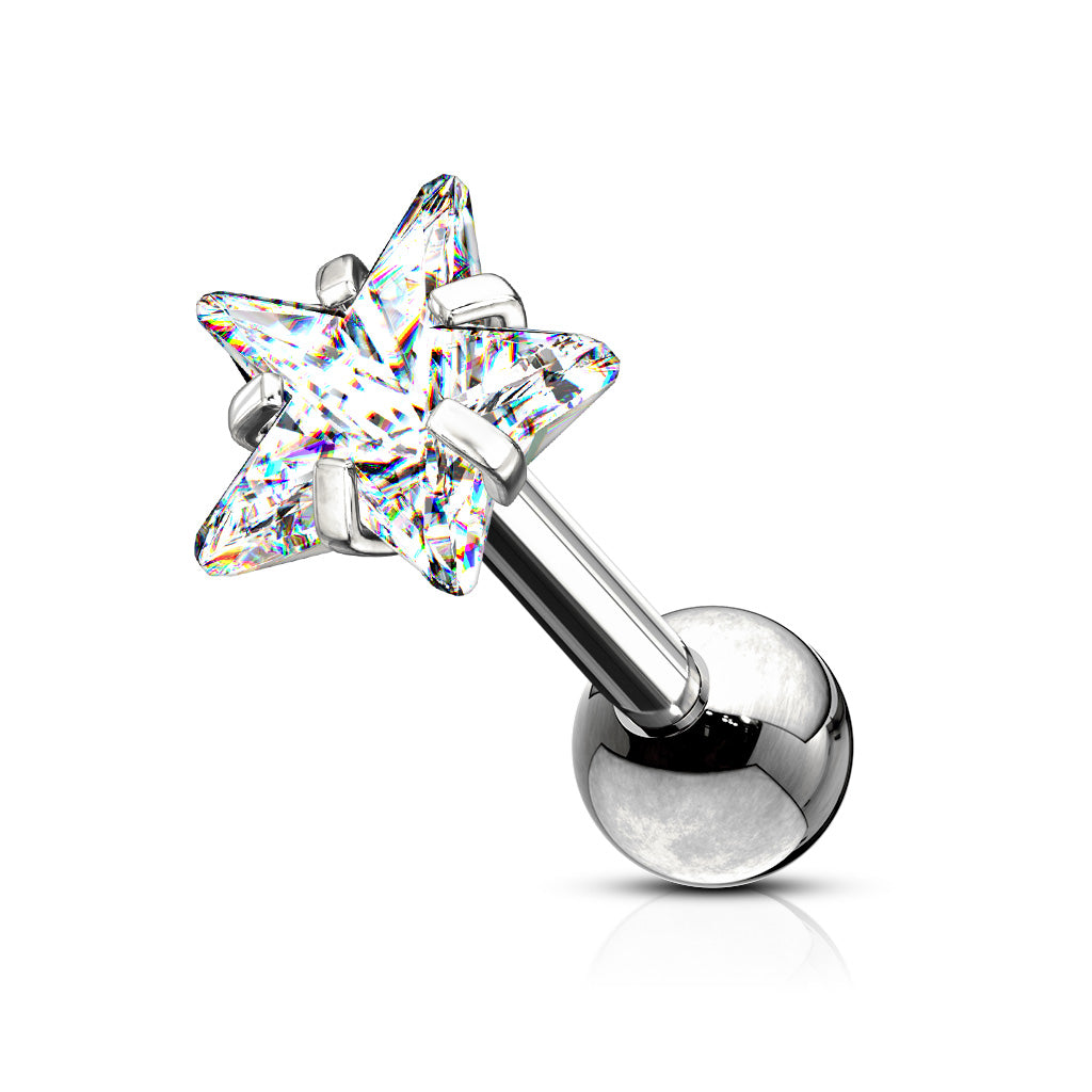 Stainless steel ear cartilage barbell featuring a prong-set star-shaped clear cubic zirconia gem.