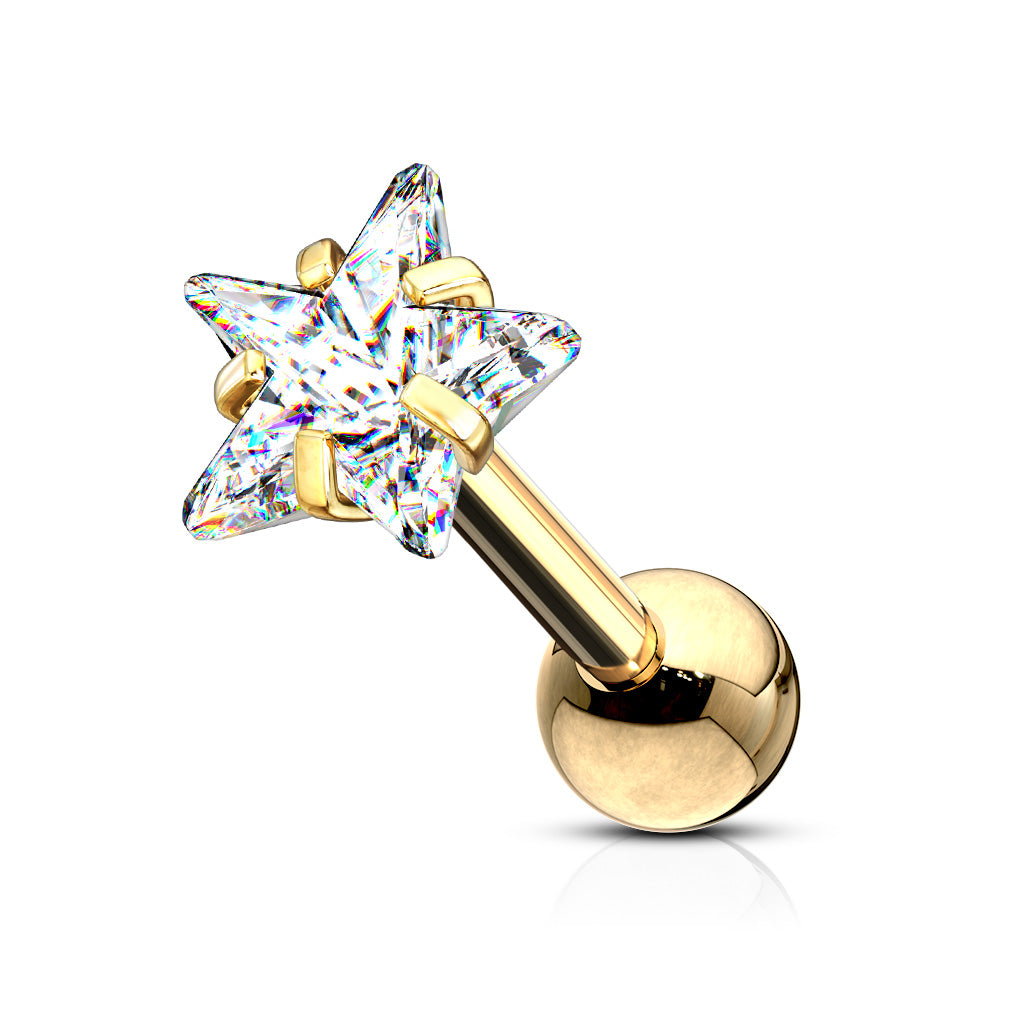 Gold plated 16-gauge surgical stainless steel cartilage stud featuring a star-shaped clear cubic zirconia stone