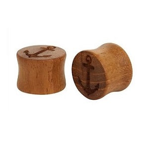 Two wooden double flare plugs with carved anchor designs