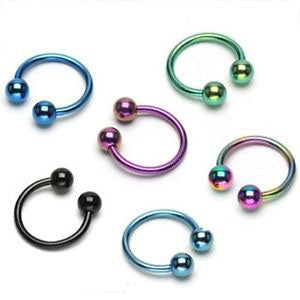 Set of six metallic circular barbells in blue, purple, green, black, and rainbow finishes.
