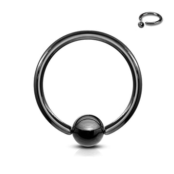 A black captive bead ring made from 316L surgical steel with a PVD coating.