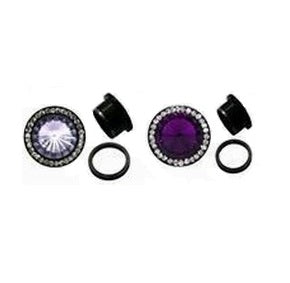 Pair of black screw-back tunnels with rhinestone halos and faceted center gems