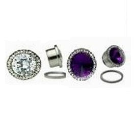 Surgical steel screw-fit ear tunnels with purple and clear center gems