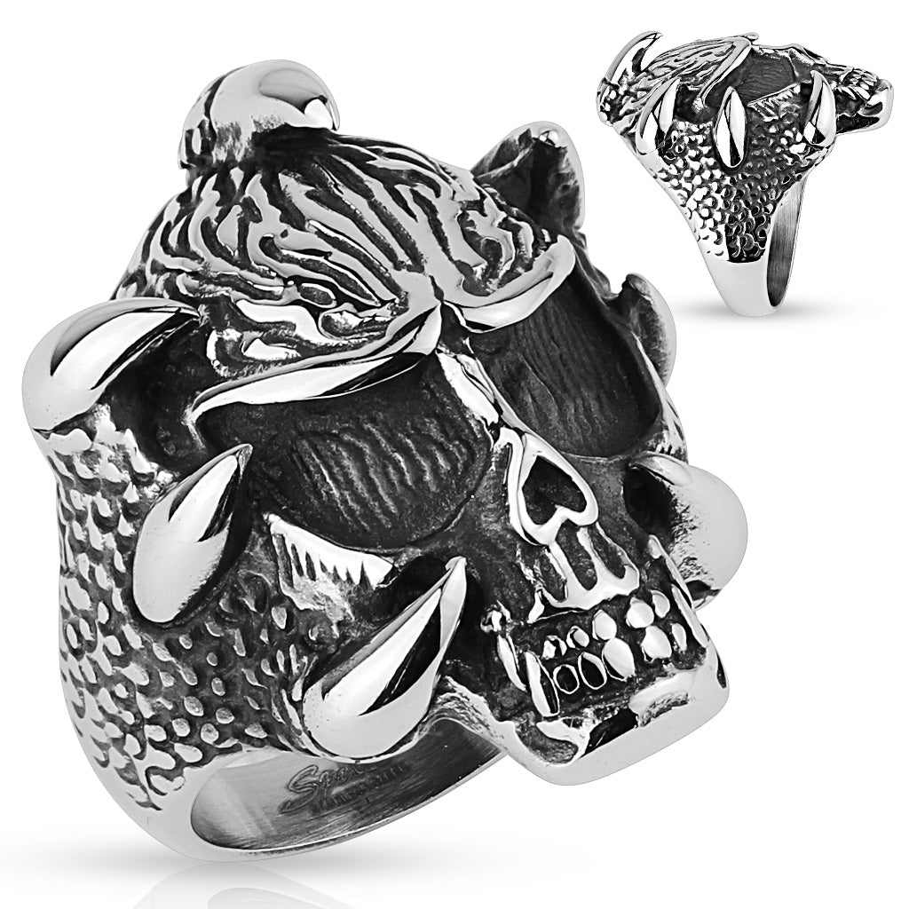 Stainless steel ring with a skull inside a large dragon's claw. The band's sides: the claw has very detailed dragon skin and scales.