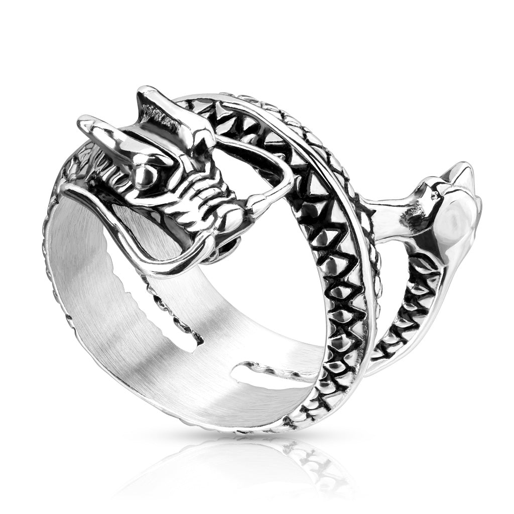 Stainless steel ring has a dragon face and the dragon's body coiled to form the band.