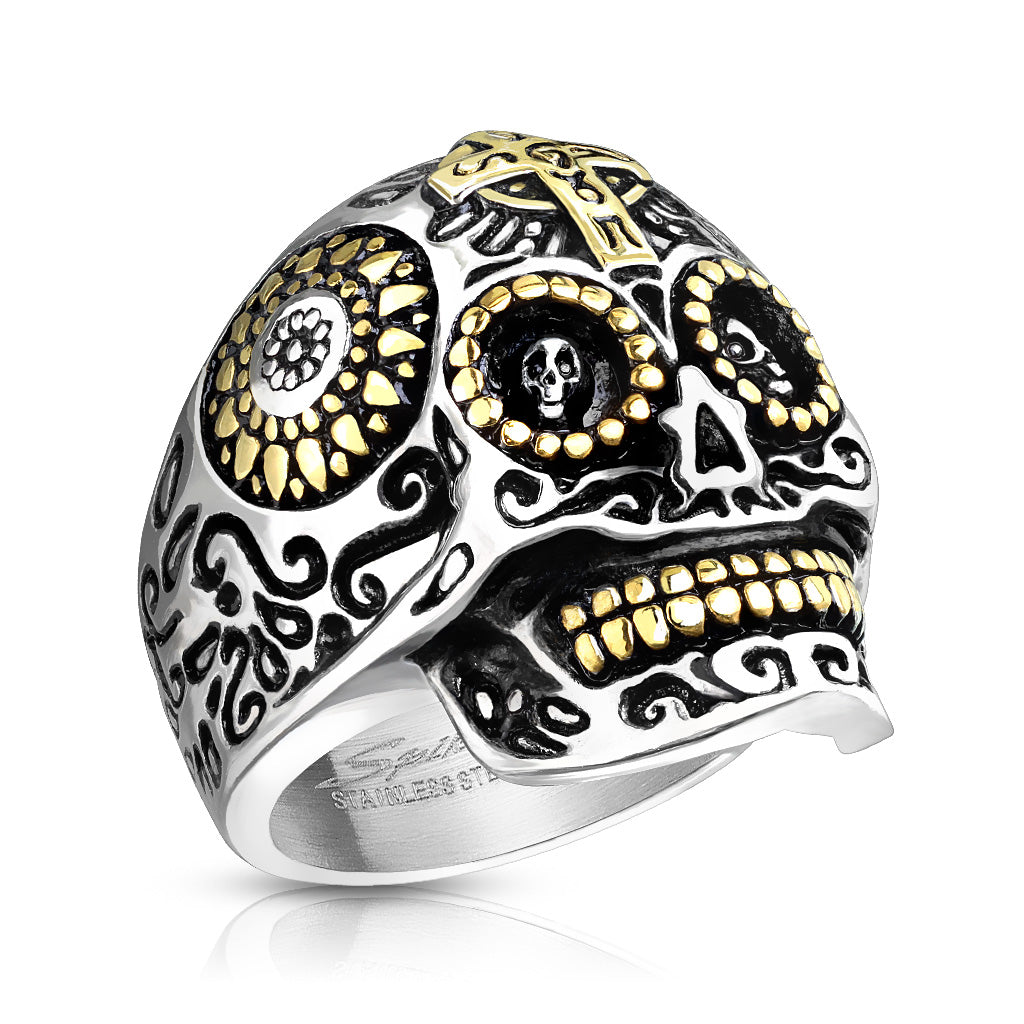 Two tone gold stainless steel Day of the Dead skull ring. The two-tone gold is titanium ion plated.