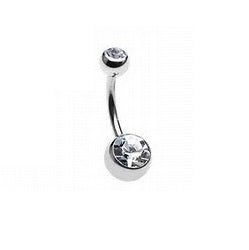 A stainless steel curved navel barbell featuring two prong-set clear round crystals.