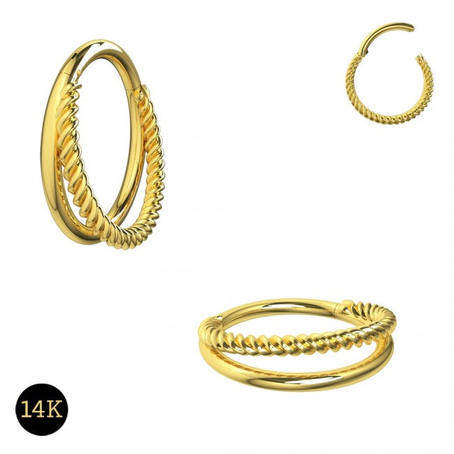 14 karat gold hinged clicker with double stack design - one side is twisted, one side smooth. Shown in yellow gold. Can be used for septum, daith, rook, tragus, or any other cartilage piercings, etc. 18 gauge X 8mm.