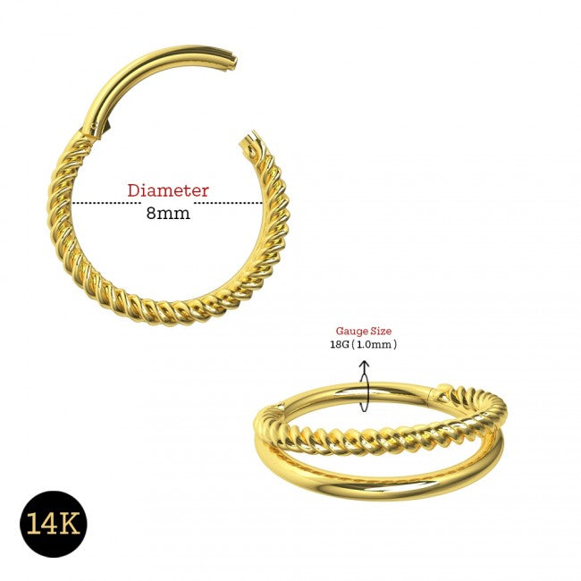 14 karat gold hinged clicker with double stack design - one side is twisted, one side smooth. Shown in yellow and white gold, smooth side is yellow and twisted side is white. Can be used for septum, daith, rook, tragus, or any other cartilage piercings, etc. 18 gauge X 8mm.