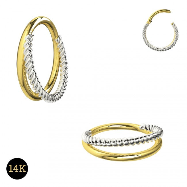 14 karat gold hinged clicker with double stack design - one side is twisted, one side smooth. Shown in yellow and white gold, smooth side is yellow and twisted side is white. Can be used for septum, daith, rook, tragus, or any other cartilage piercings, etc. 18 gauge X 8mm.