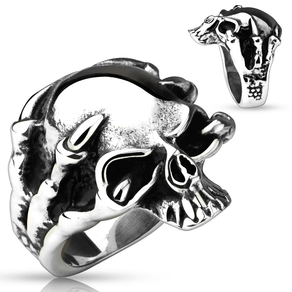 Stainless steel skull ring with skull inside the claws of a dragon.
