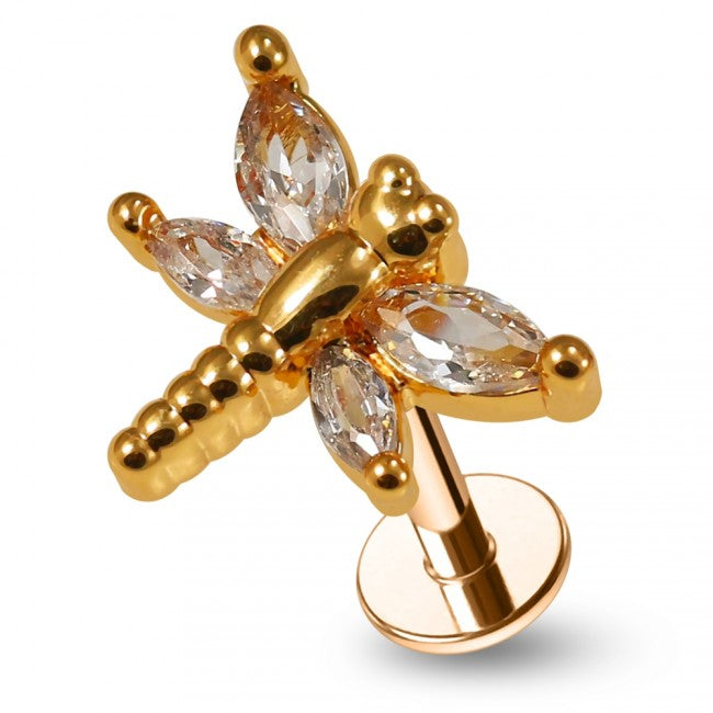 A dragonfly-shaped internally threaded piercing end made of high-polish titanium with cubic zirconias stones as wings.