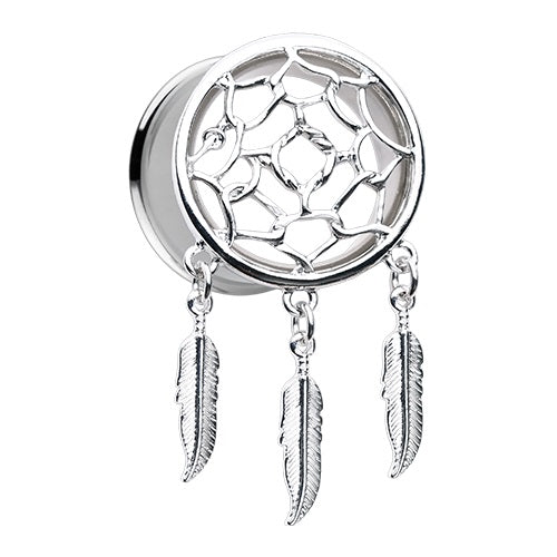 A gold plated dreamcatcher feather dangle ear gauge plug
