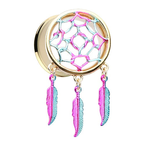 A gold plated dreamcatcher feather dangle ear gauge plug