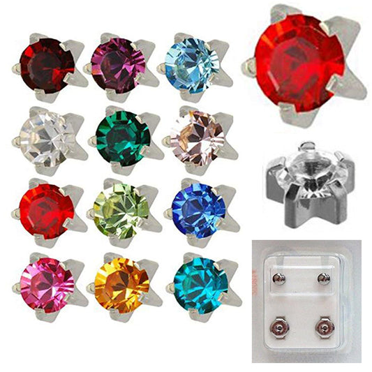 Pre-sterilized, surgical steel star shaped earring studs with prong-set birth stone gems. Available in all-clear or assorted birthstone colours. Sold in packs of 12 pairs. 16 Gauge. This product is only available to wholesale customers. Please contact us if you would like to become a wholesale customer.