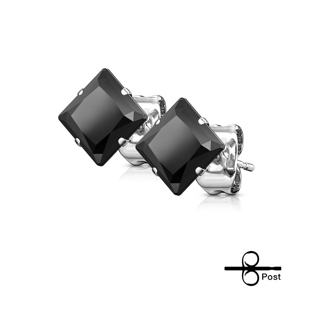 Earrings - Surgical Steel Black Gems Square