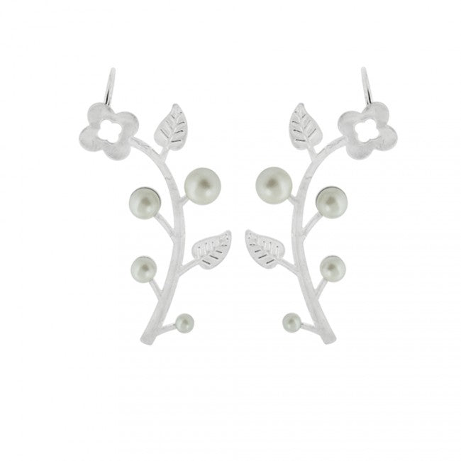 Gorgeous surgical steel earrings with faux-pearl and flower design. These earrings extend or crawl up the ear, and have a regular butterfly backing, and are secured at the top of the earring with a bendable cuff. 316L surgical steel.