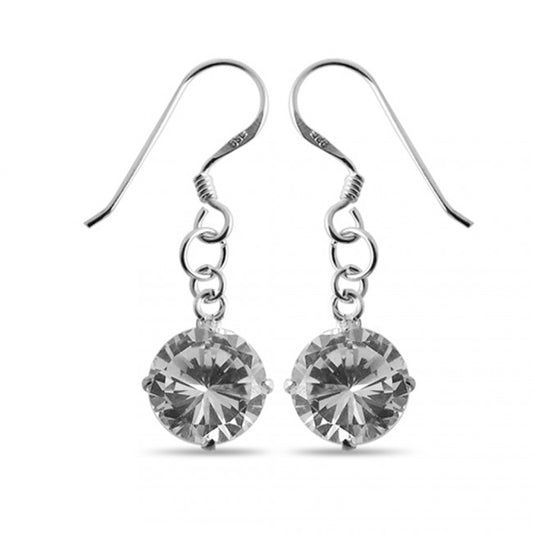 Sterling silver earrings with a single, classic, round cubic zirconia dangling from a shepherds hook.
