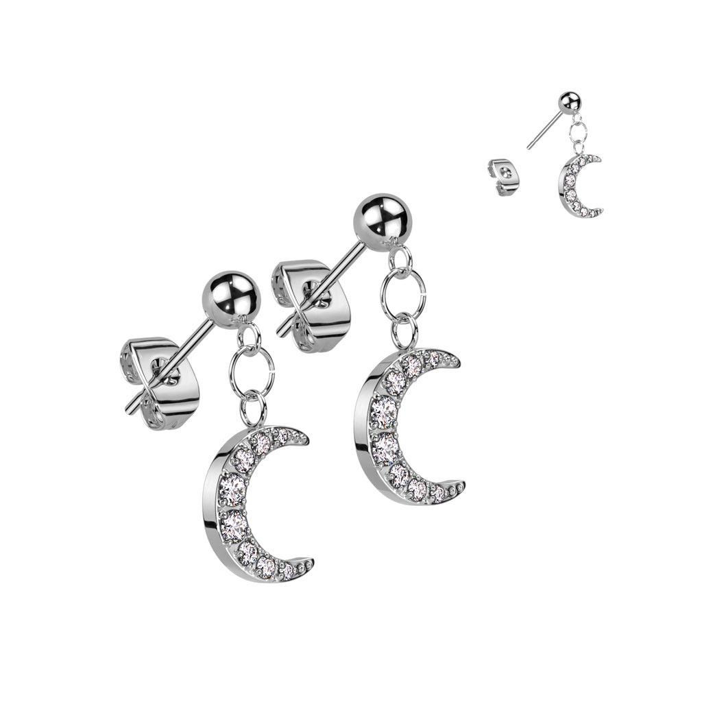 316L surgical steel earring studs, featuring a dazzling cubic zirconia crescent moon dangle.
