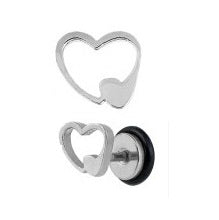 316L Surgical steel fake plugs in a heart shaped design.  Shown in surgical steel.  Externally Threaded.