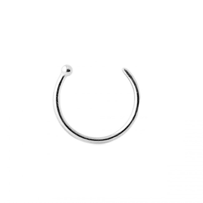 Versatile 14 karat white gold nose hoops for all nose piercings. Just insert the hoop from the inside of the nostril and feed it through and the little disk on the end keeps the hoop from sliding all the way through the nostril. The hoop stays open, so no need to "do it up" or close it in any way.
