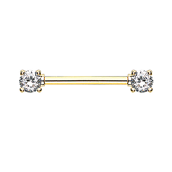 Gold plated straight nipple barbells featuring round-cut clear cubic zirconia gems in a prong setting on both ends