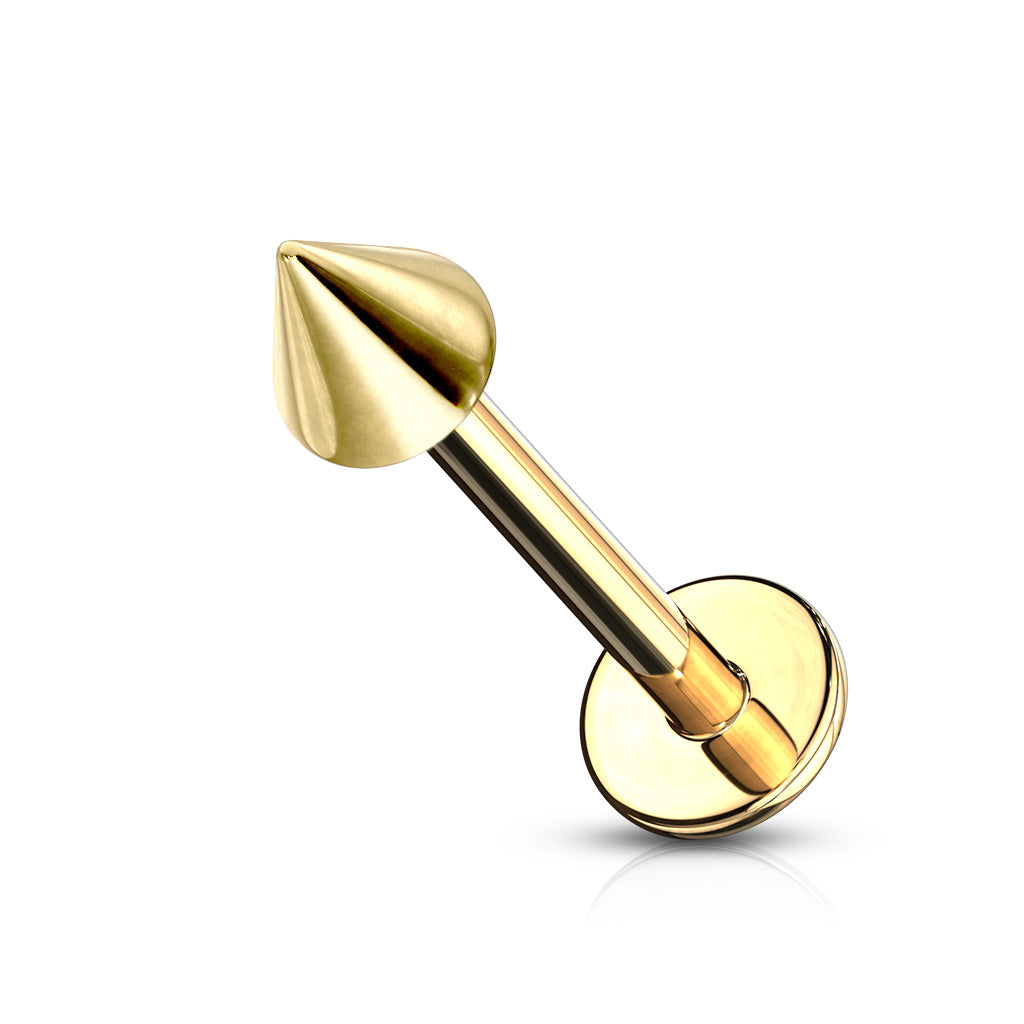 A gold-plated stainless steel cone labret piercing stud.