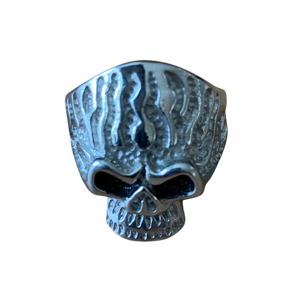 A biker-style skull ring featuring a flame design, often crafted from stainless steel.