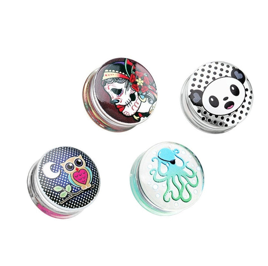 Acrylic ear tunnels with colorful sugar skull, panda, owl, and octopus designs