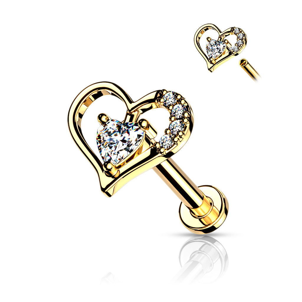 Gold titanium ion plated over 316L Surgical steel labret with internally threaded heart with a single cubic zirconia.  Heart is approximately 8mm across. 