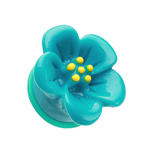 Teal Hibiscus Flower Single Flared Ear Gauge Plugs made from lightweight acrylic.