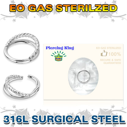 EO Gas pre-sterilized 316L surgical steel hinged segment ring with one plain ring, and one twisted ring. These hinged clickers are perfect for almost any piercing. Each piece is individually wrapped, and labelled with the size, date of manufacture, lot number, and expiry date. This product is only available to wholesale customers. Please contact us if you would like to become a wholesale customer.