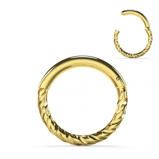 14 karat gold hinged clicker with twisted design. Can be used for septum, daith, rook, tragus, or any other cartilage piercings, etc. 18 gauge X 8mm.